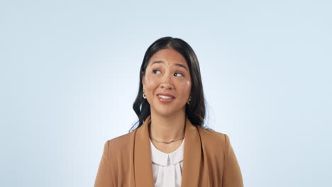 Business-woman,-point-and-smile-in-studio