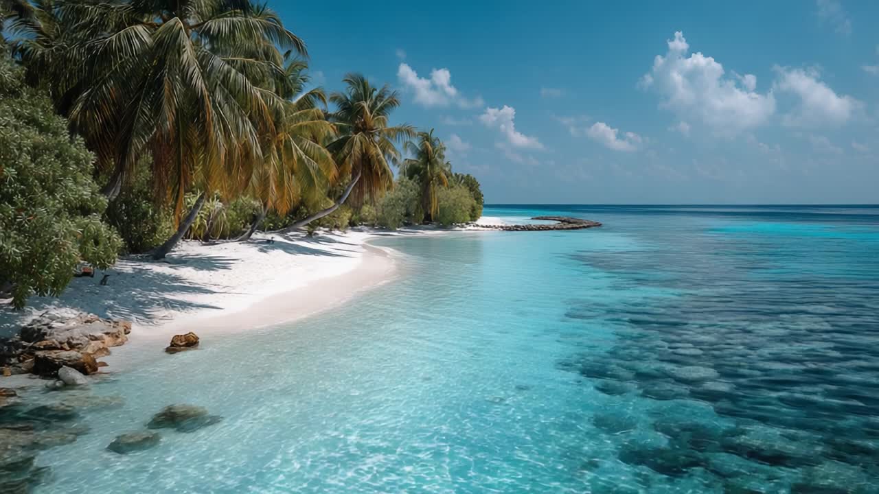 Tranquillo paradiso tropicale: spiaggia serena e acque cristalline sotto un cielo terso, circondato da lussureggianti palme e onde delicate in un luogo isolato