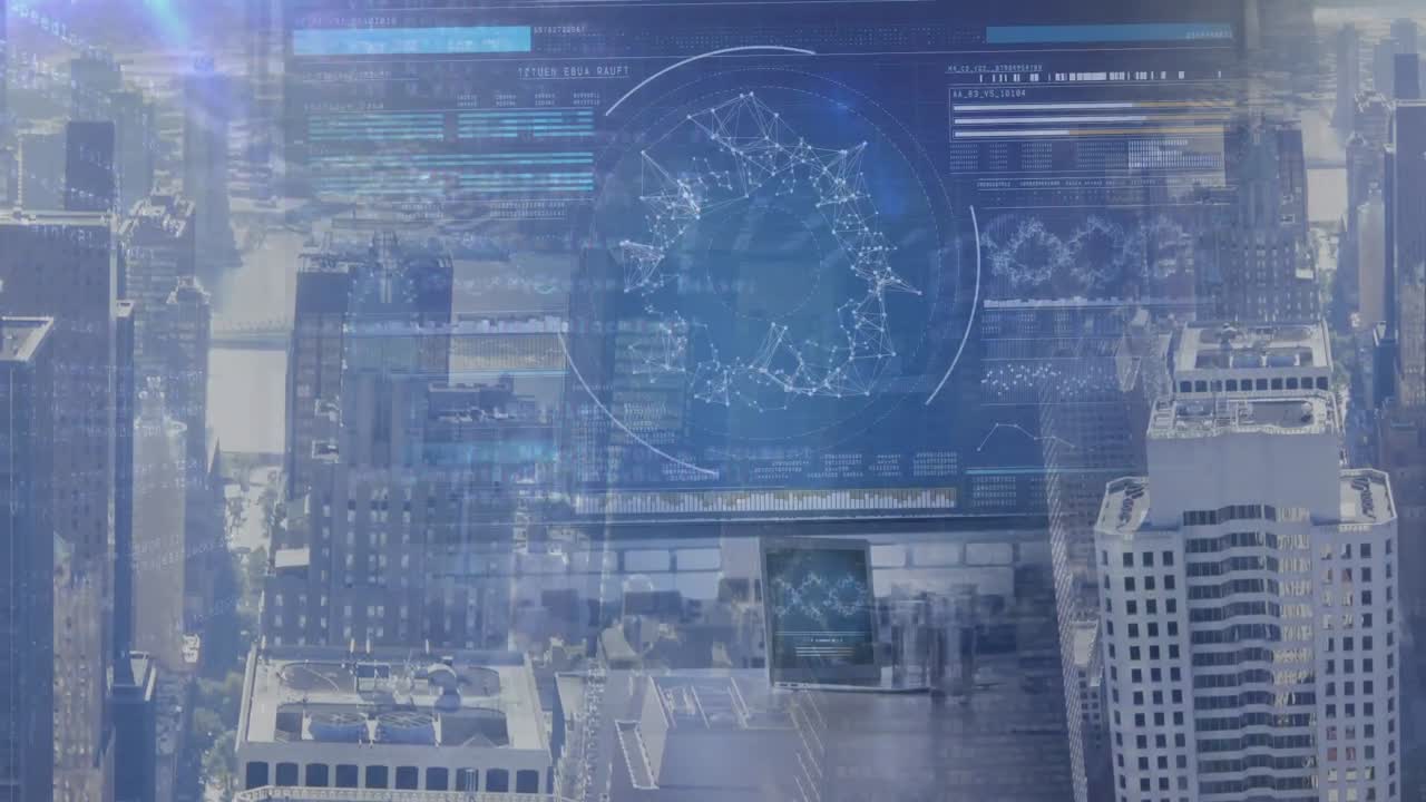 도시 풍경 위의 과학 데이터 처리의 애니메이션