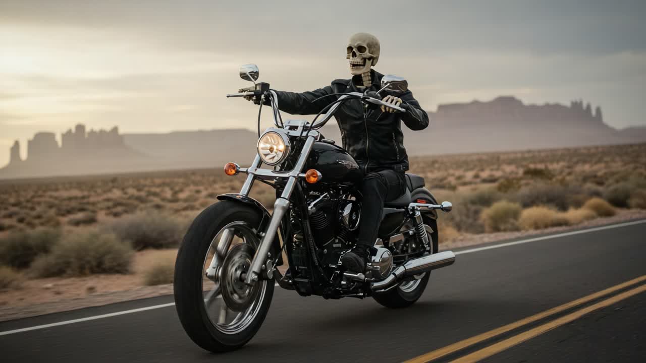 A Mysterious Rider: A Skeleton in a Black Jacket Rides a Motorcycle Through a Desert Landscape, Emphasizing the Blend of Adventure and the Unseen Continuity of Life
