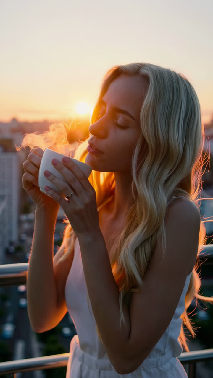 Woman enjoying a warm drink on a balcony during sunset