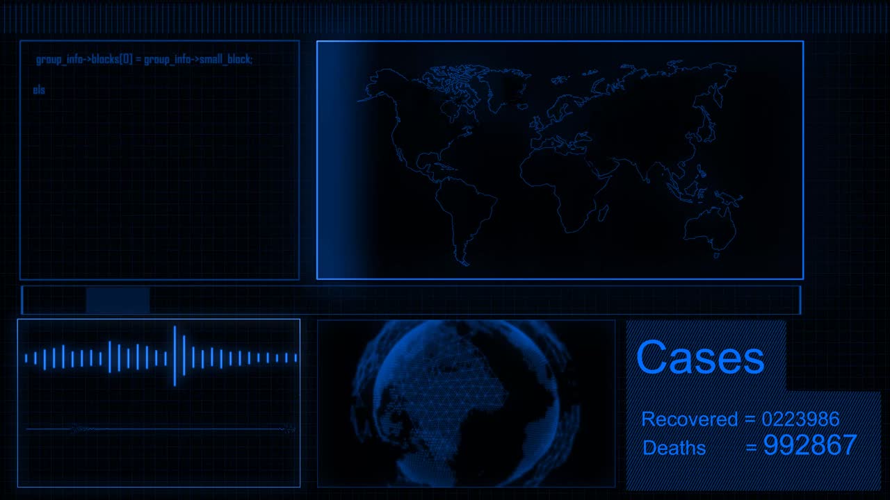 infografía azul de casos globales de coronavirus que se levantan, fondo negro