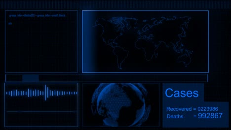 infografía azul de casos globales de coronavirus que se levantan, fondo negro