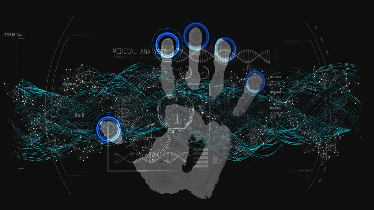 animación del procesamiento de datos y la hilera de adn girando sobre la huella biométrica de la mano