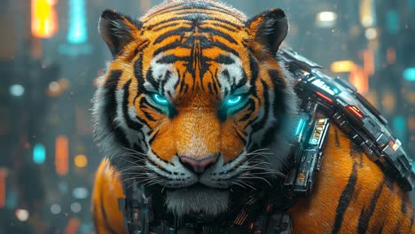 futuristic tiger in a neon city