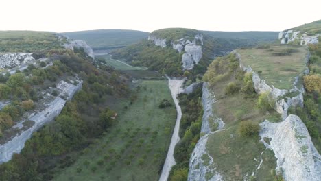 aerial view of a mountain valley with cliffs and trees