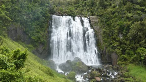 wide waterfall in between green forest at marokopa falls, waitomo, new zealand.