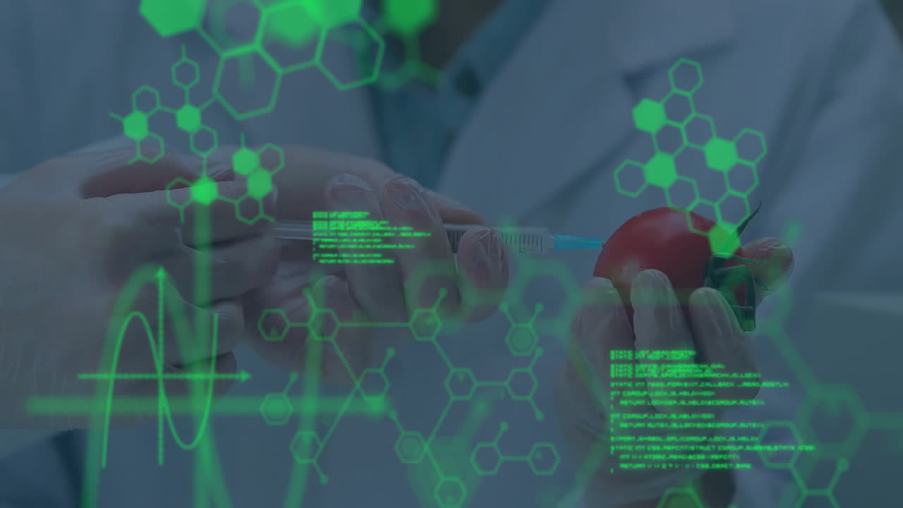 Gloved hands holding tomato and injecting syringe, showing biotech process with molecular overlays