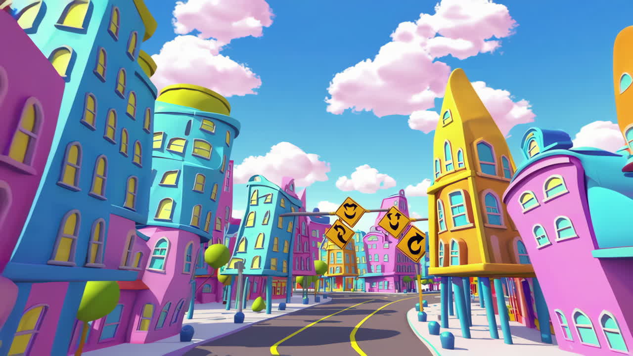 Colorful Cartoon City with Traffic Signs