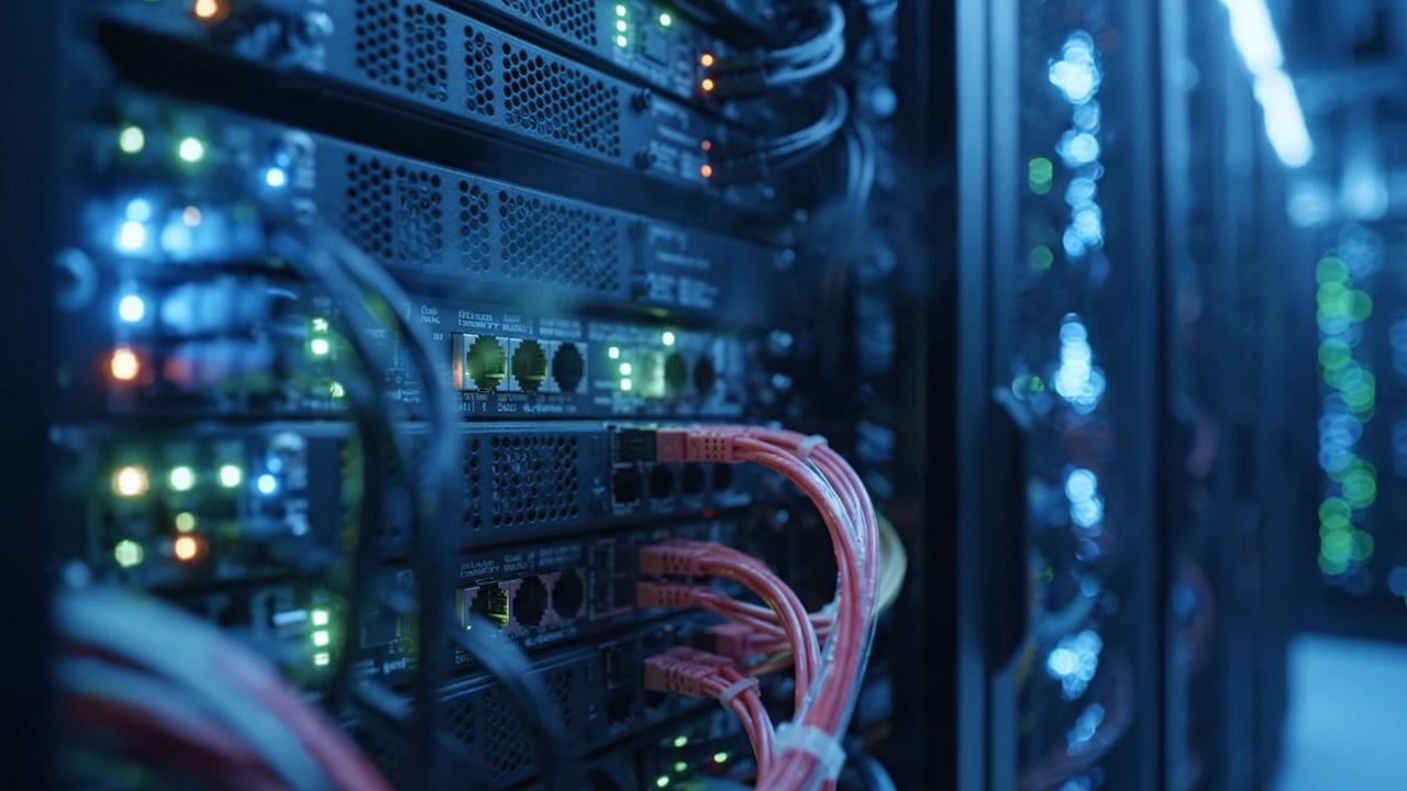 A Close-Up View of High-Performance Server Racks Showcasing Intricate Cabling and LED Indicators, Highlighting Data Connectivity and Network Infrastructure Components