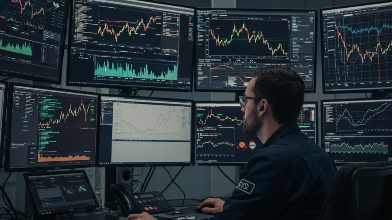 A Financial Analyst Using Multiple Monitors to Analyze Stock Market Trends and Data Visualizations in a Modern Trading Environment