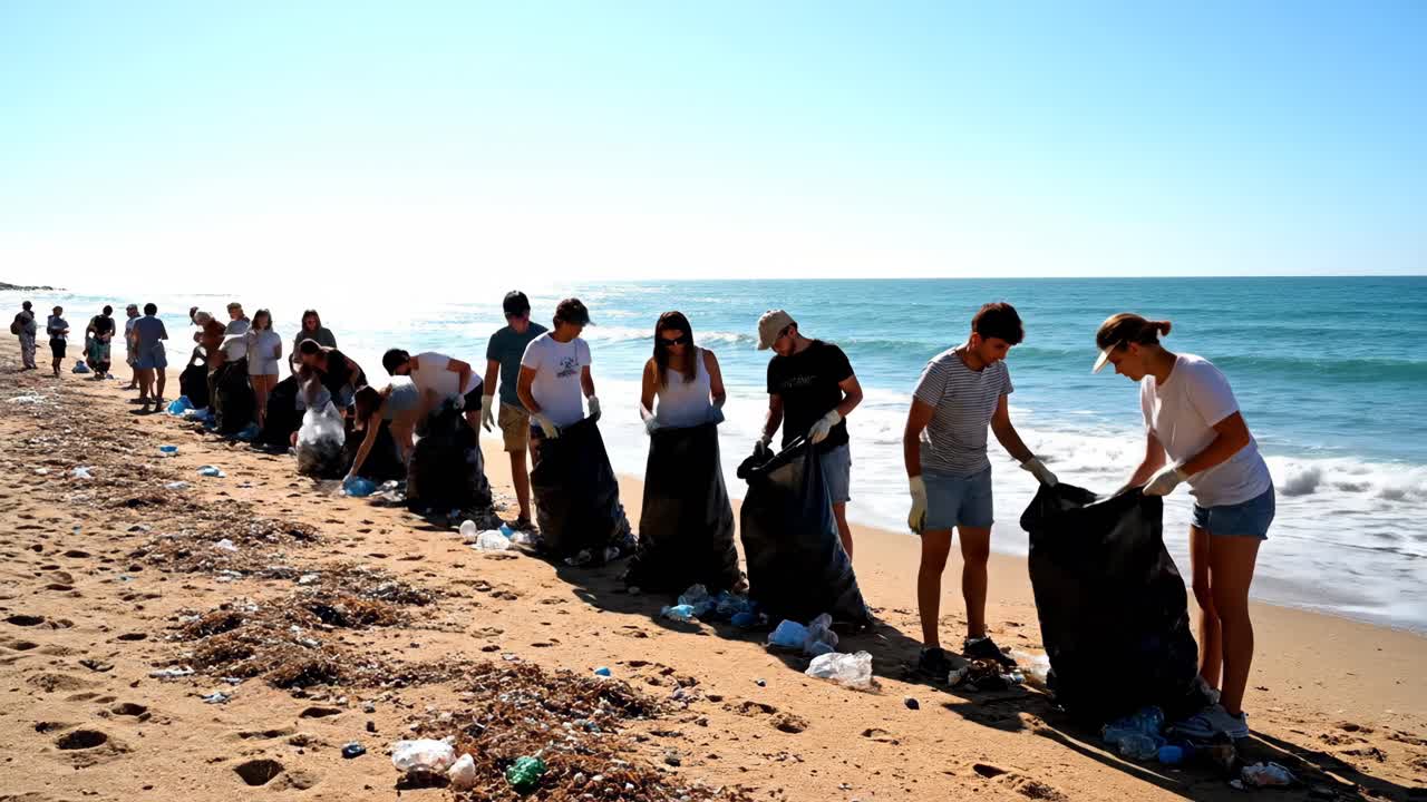 Beach Cleanup Volunteers Removing Plastic Pollution