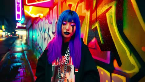 stylish girl in neon lights and graffiti background