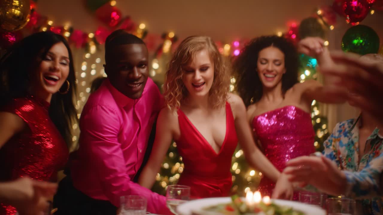 A Vibrant Celebration: Friends Gather Around a Festively Decorated Table with Delicious Food and Beautiful Decorations, Sharing Laughter and Joy in a Warm and Cheerful Atmosphere Filled with Lights