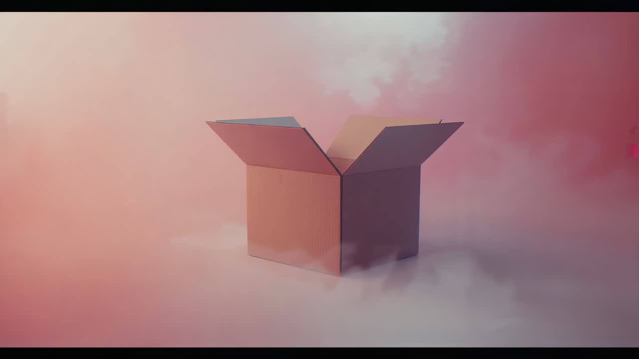Fog starting around open four-flap cardboard box on cloudbank, lighting deepening, letterbox bars