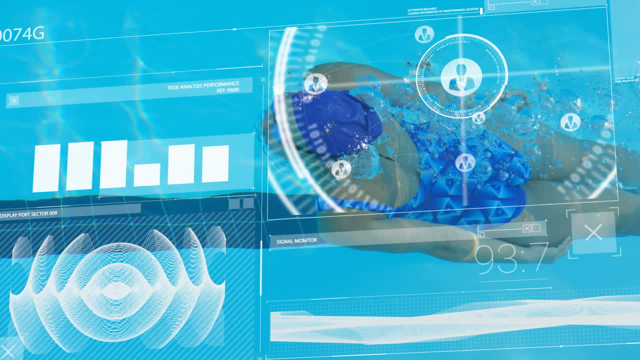Digital interface with data processing against female swimmer swimming in the pool