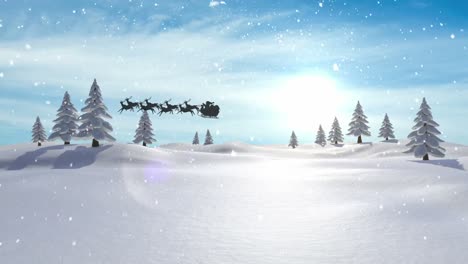 Animation-of-snow-falling-over-santa-claus-in-sleigh-with-reindeer-and-winter-landscape