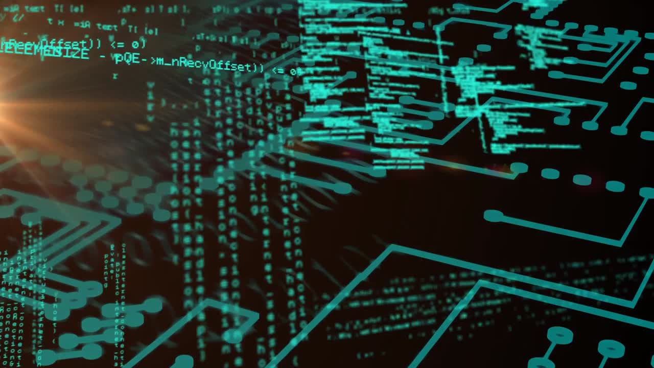 Animation of data processing over computer circuit board on black background