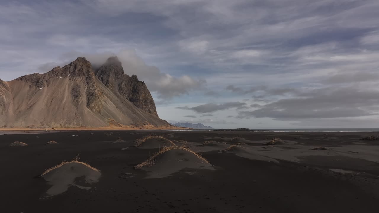 Aerial view of wind-sculpted dunes and peaks of Vestrahorn, Iceland, stunning nature view.