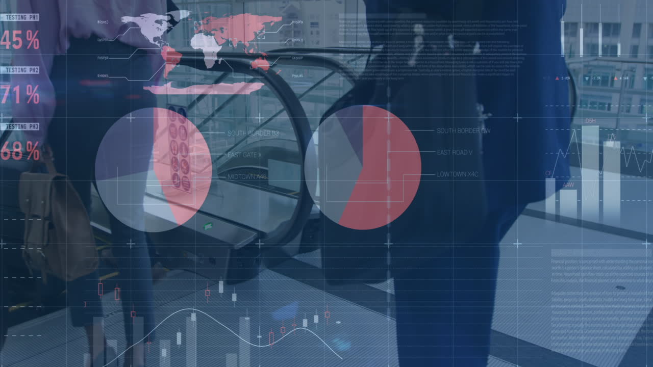 animación de datos financieros y gráficos sobre diversos empresarios que caminan hacia la escalera mecánica