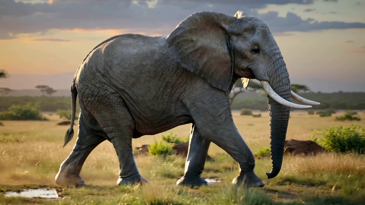 Yürüyen yetişkin Afrika fili, su birikintisinden geçerek alacakaranlıkta savanı aşıyor, dişlerini gösteriyor