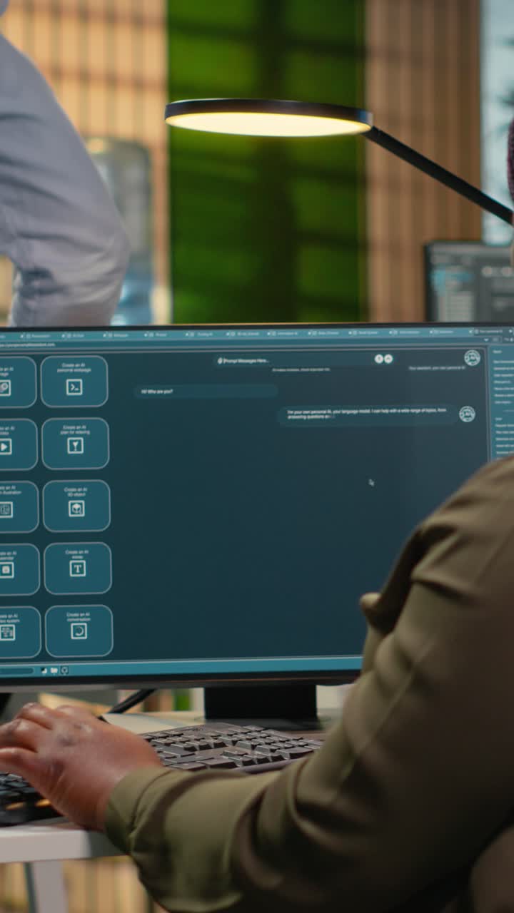 Vertical video Software developer in office solving tasks with AI LLM chatbot answering prompts