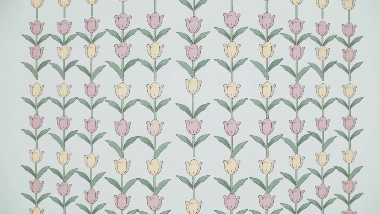 Skiftende tulipangitter glider opad med rammer, der bevæger sig frem på et mintfarvet panel, og viser lyserøde, gule blomster.