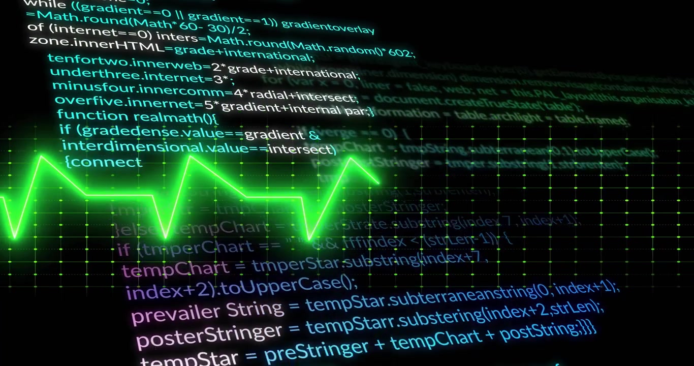 Línea de EKG de latido digital superpuesta en código informático en desplazamiento