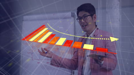 Animación-De-Un-Gráfico-Que-Cae-Sobre-Un-Hombre-Asiático-Explicando-La-Estrategia-En-Una-Pizarra-A-Sus-Compañeros-De-Trabajo-En-La-Oficina