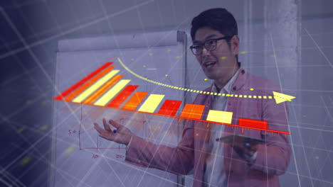 animación de la caída del gráfico sobre el hombre asiático explicando la estrategia en la pizarra a los compañeros de trabajo en la oficina