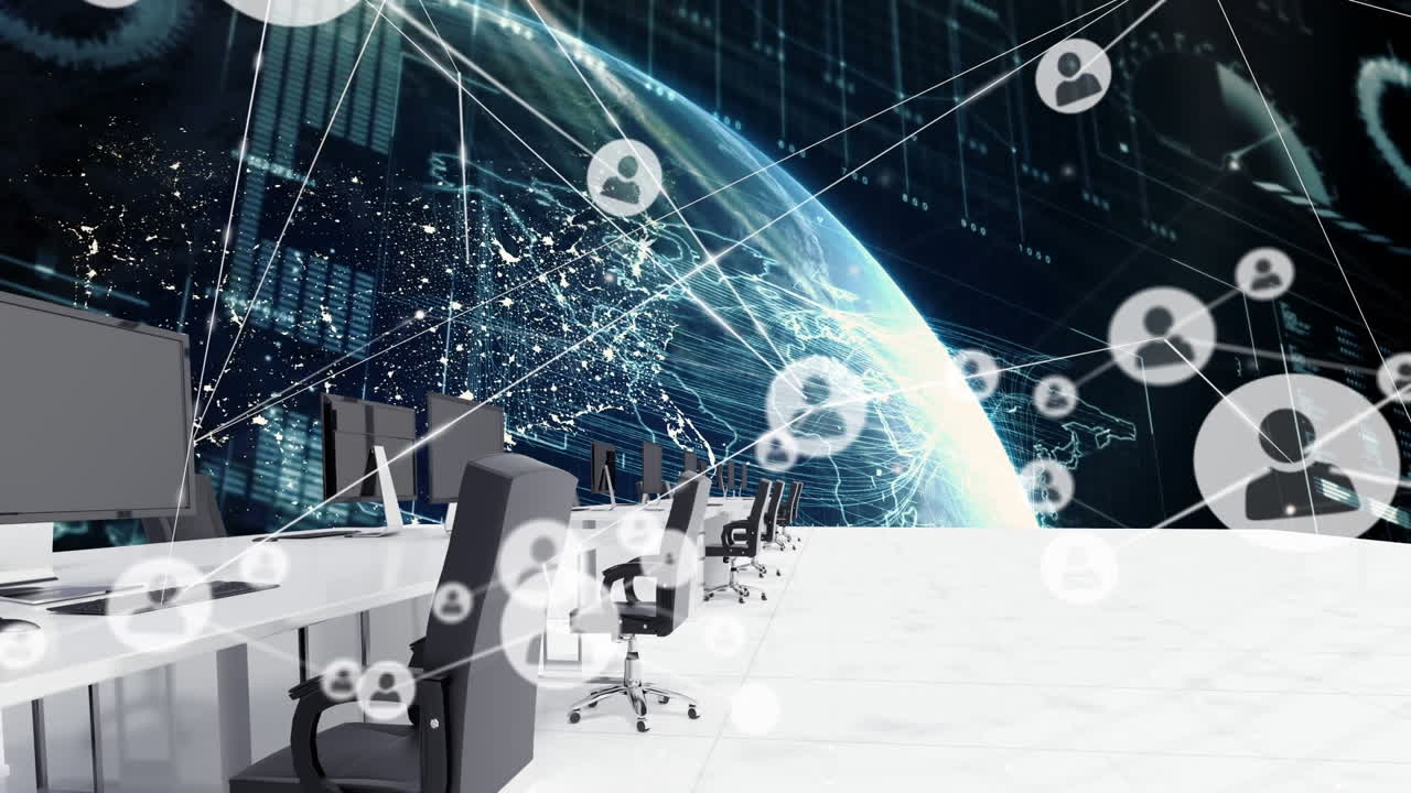 빈 사무실과 글로브 위의 아이콘으로 연결 네트워크의 애니메이션