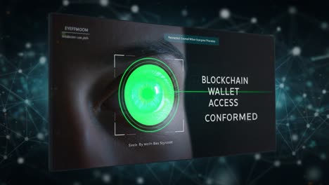 high-tech eye biometrics and blockchain wallet security: a close-up on personal identification and access confirmation through advanced technology