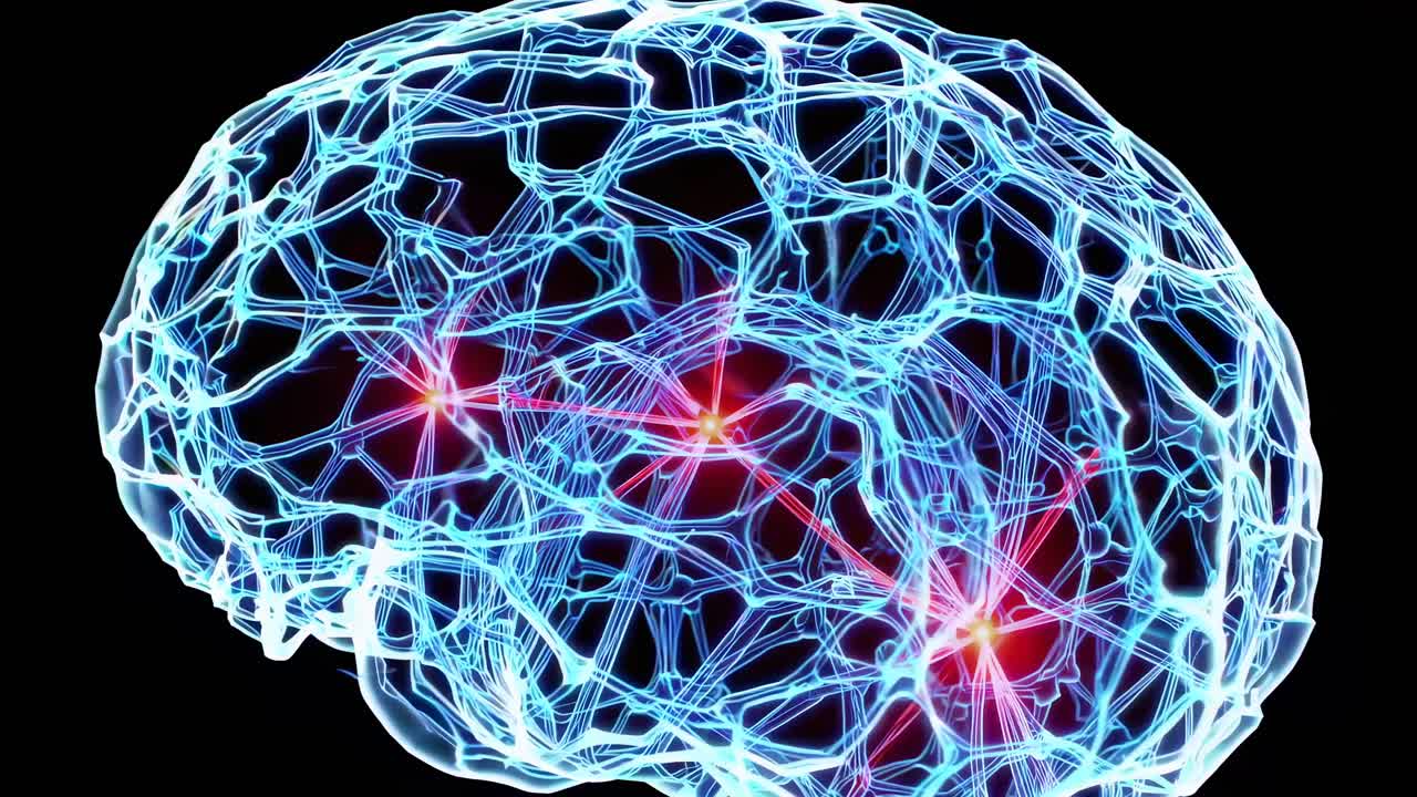 A digital rendering of a brain with glowing neural connections, viewed from a side angle