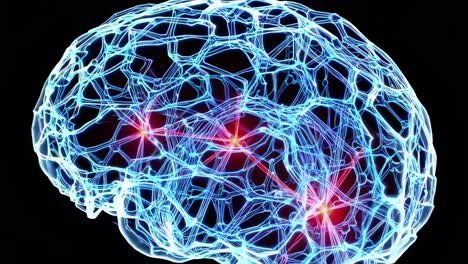 a digital rendering of a brain with glowing neural connections, viewed from a side angle