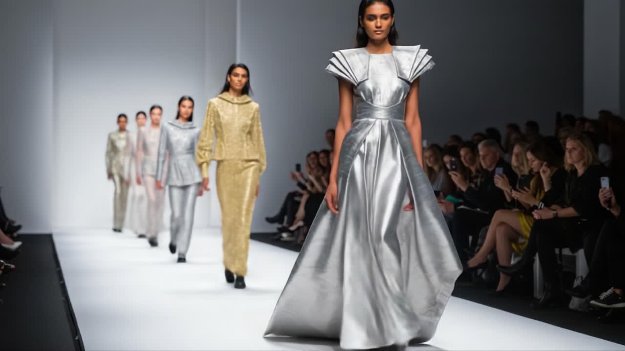 Et fængslende modeshow, der viser elegante sølv- og guldoutfits, der fremhæver fantastiske designs og glamourøse stilarter på catwalken med modeller, der fremviser de nyeste trends