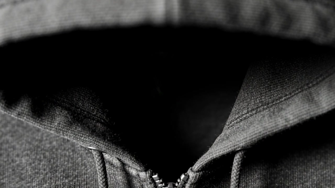Shifting hooded torso on camera start, showing gap widening in studio for texture study with zipper