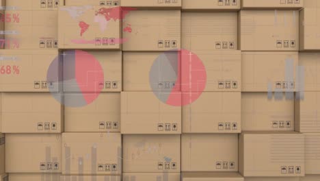 statistical data processing against stack of delivery boxes at warehouse