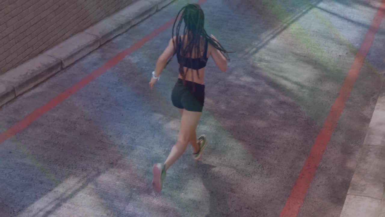 Animazione di una donna con i capelli blu che corre su una strada colorata.