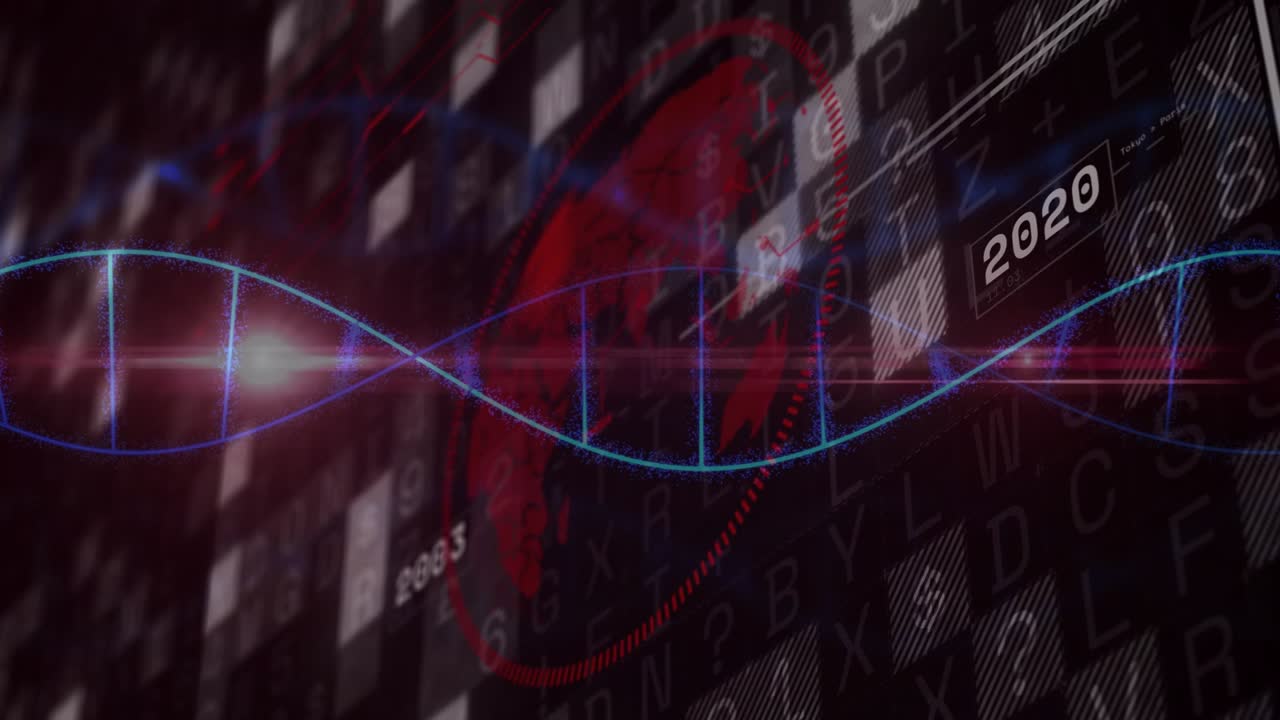 Blue helix sweeping from left, waving over tiled grid and red ribbon, marking year progression