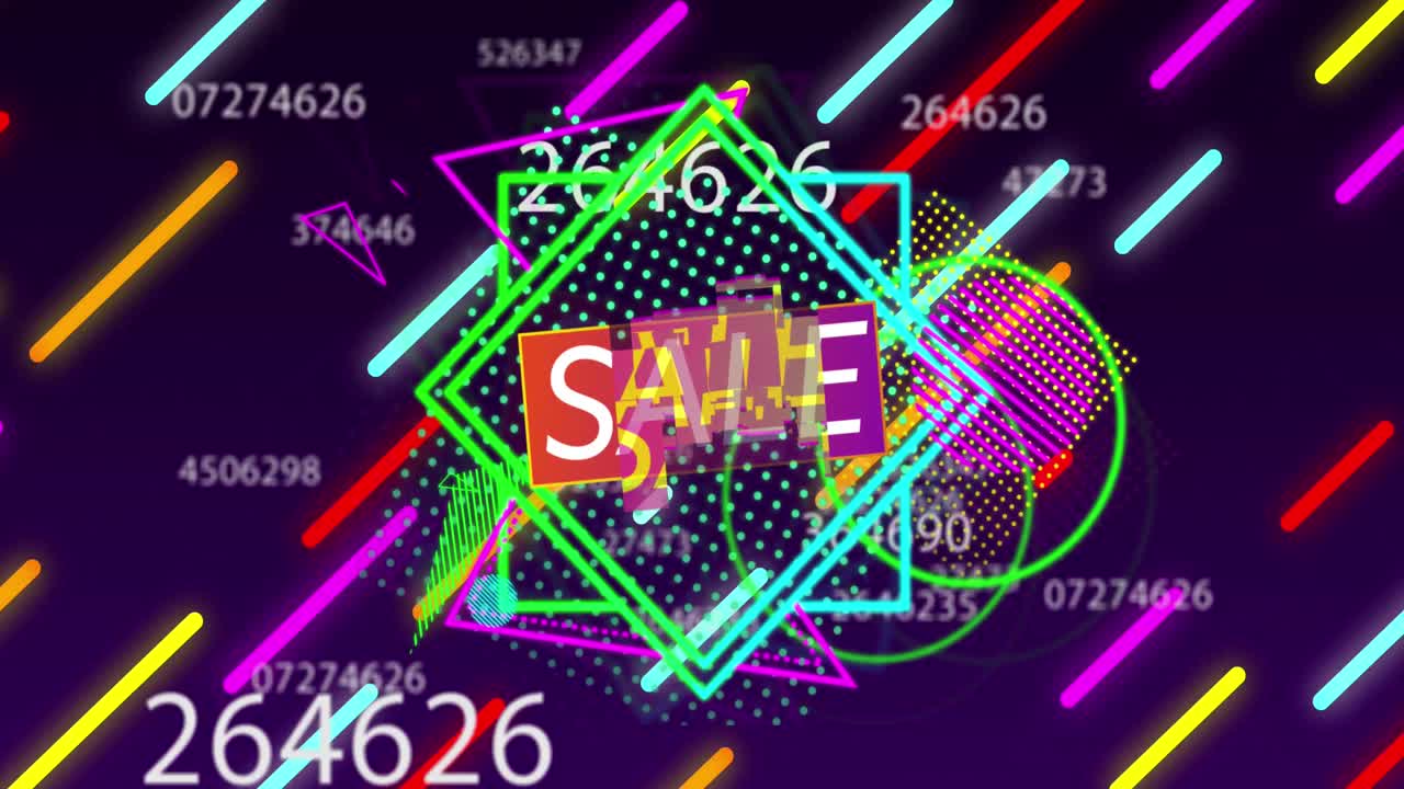 번호와 네온 선을 바꾸는 반 ⁇ 이는 네온 사각형에 판매 텍스트의 애니메이션