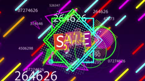 Animation-of-sale-text-on-glowing-neon-squares-with-changing-numbers-and-neon-lines