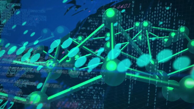 Animation of data processing over network of connections on black background