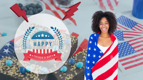animation of happy father's day text over smiling woman wrapped in american flag and chocolate cake