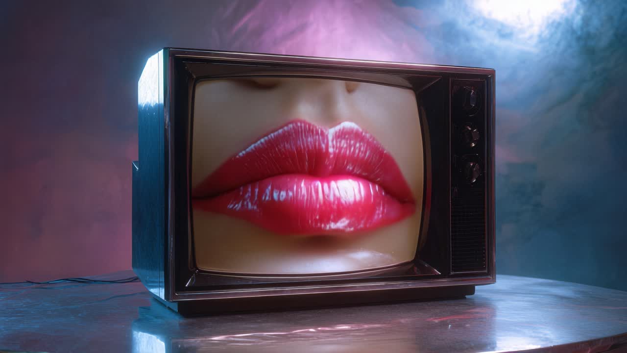 Un primo piano sorprendente di labbra rosse audaci visualizzate su un vecchio televisore, fondendo l'estetica vintage con temi di bellezza contemporanei in un'immagine accattivante.