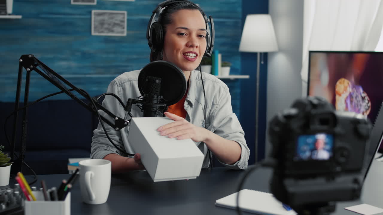 Creative tech enthusiast recording unboxing video with professional camera