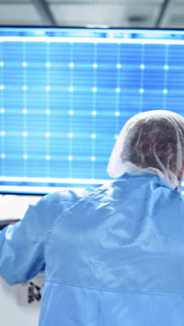 technician in front of screen at a modern factory. backside view of a worker in special uniform working with big monitor at industrial plant. vertical video