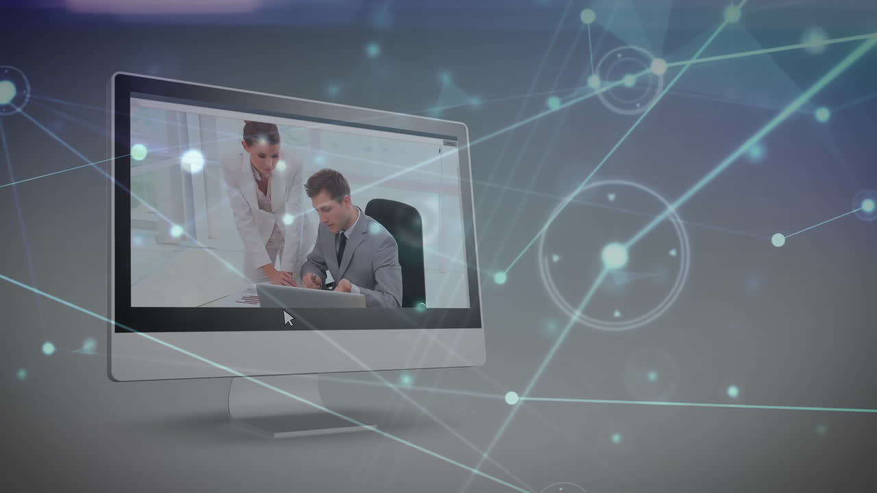 animación de la red de conexiones contra el procesamiento de datos comerciales en la computadora sobre un fondo gris