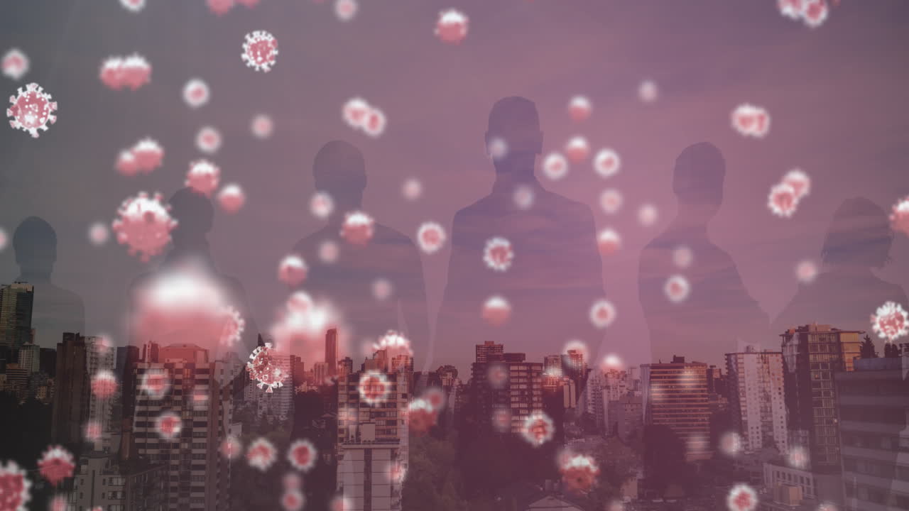⁇ 은 배경에 사람들의 실루 ⁇ 과 도시 풍경 위에 떠다니는 코로나19 세포의 애니메이션