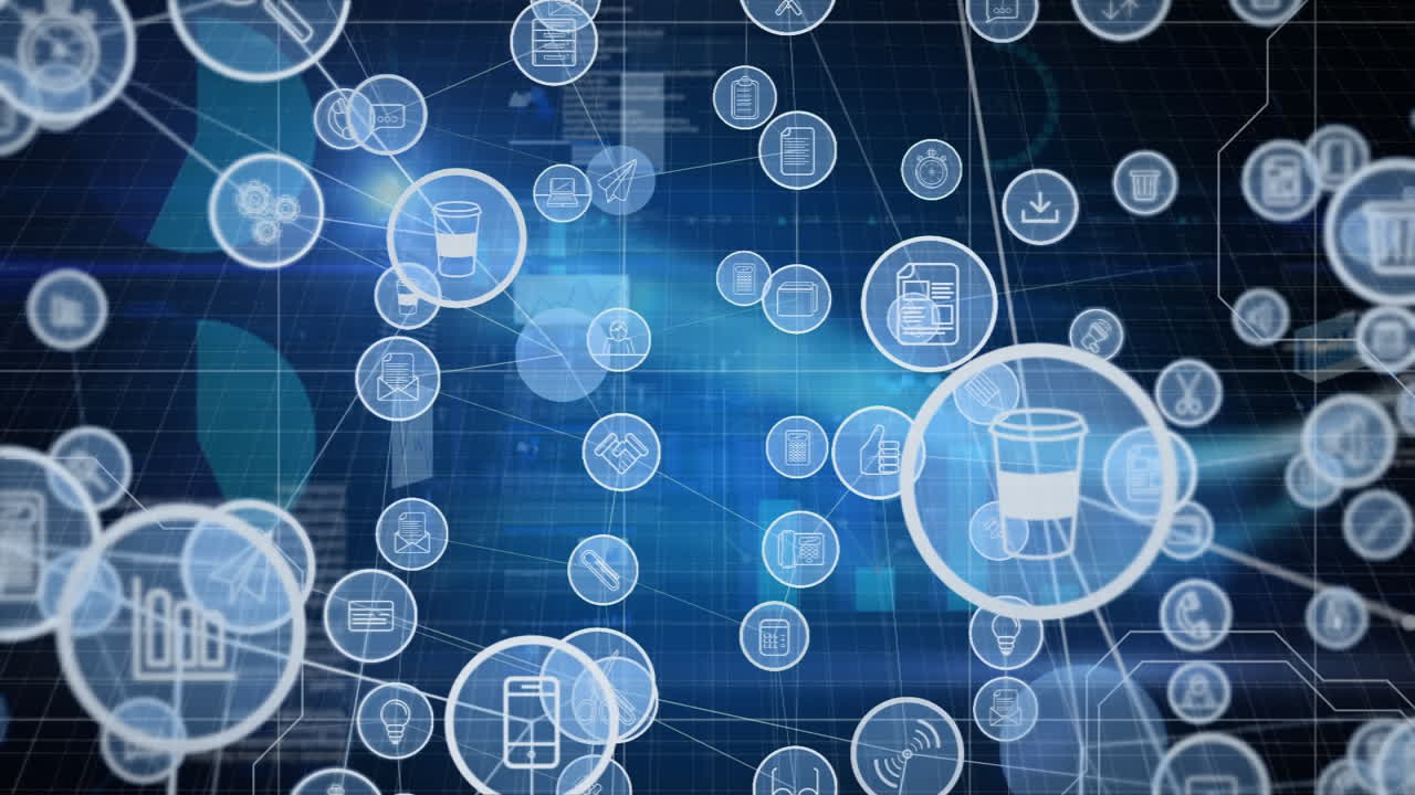 격자 위에 연결된 기술 아이콘의 네트워크의 애니메이션