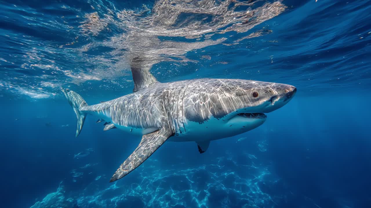 Captivating Underwater Journey: A Majestic Great White Shark Swimming Gracefully in Crystal Clear Ocean Waters Showcasing Its Elegance and Strength